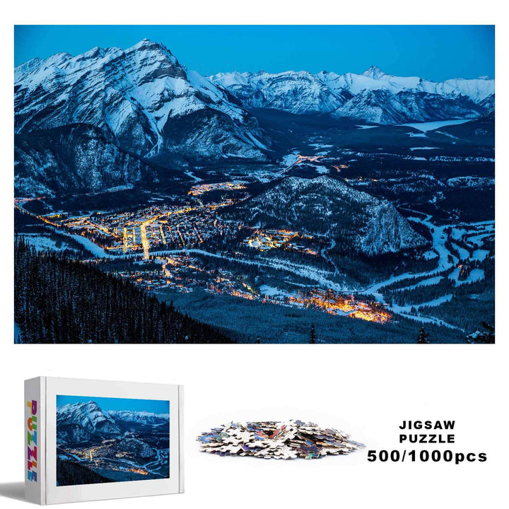 Winter Morning 500/1000 piece jigsaw puzzle featuring a stunning mountain landscape at dusk.