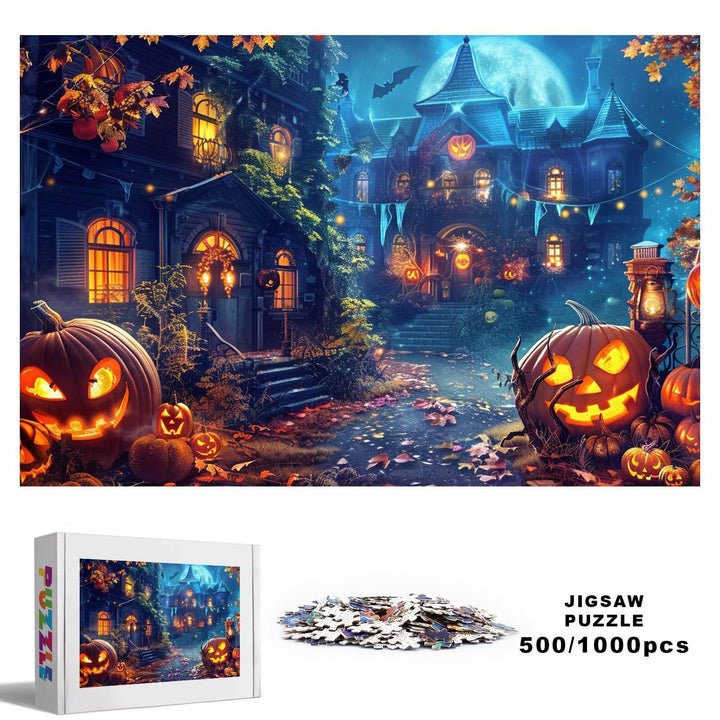 Halloween Castle 500/1000 piece jigsaw puzzle featuring a spooky scene with jack-o'-lanterns and a haunted house.
