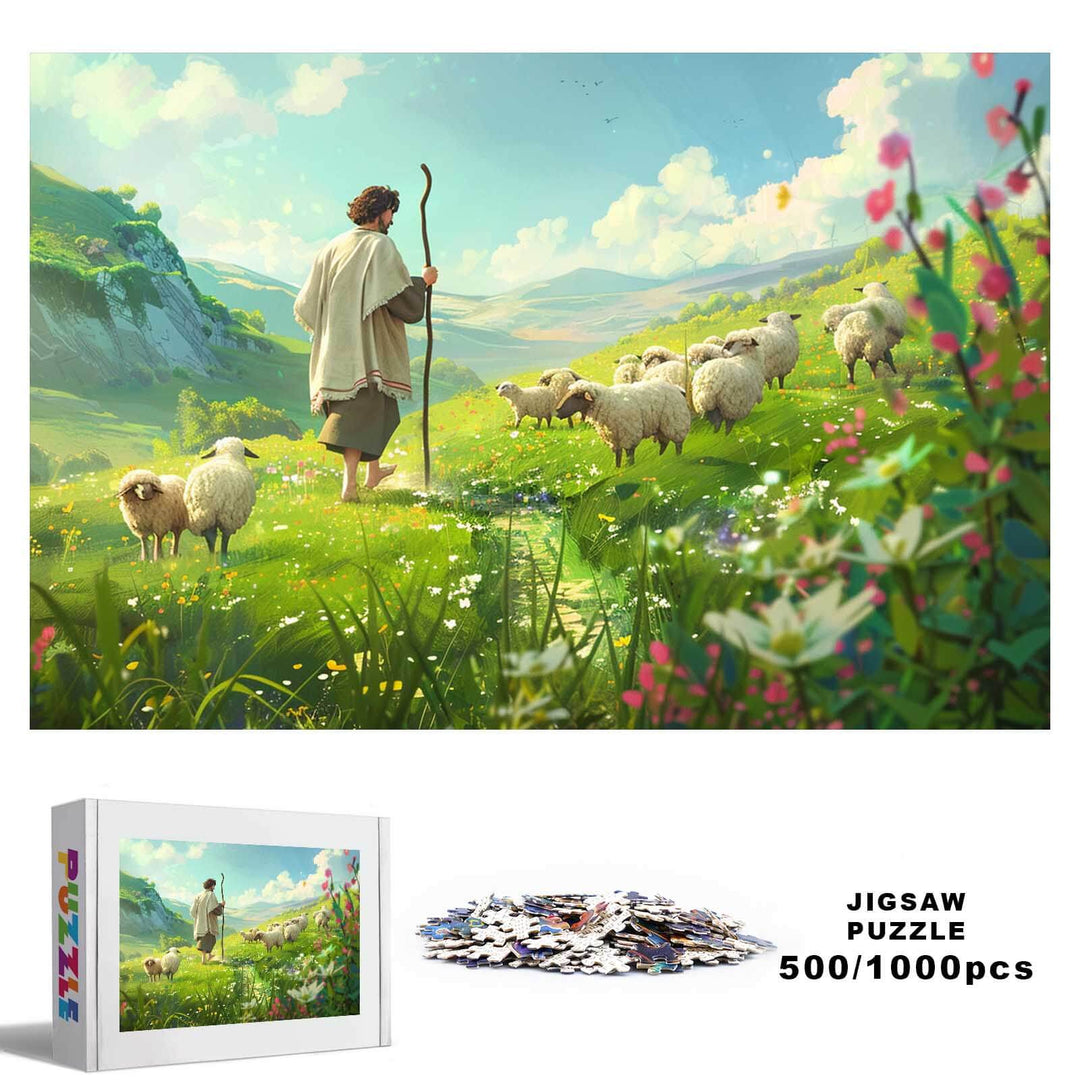 Sacred Grassland 500/1000 piece jigsaw puzzle featuring a shepherd and sheep in a vibrant, scenic landscape.