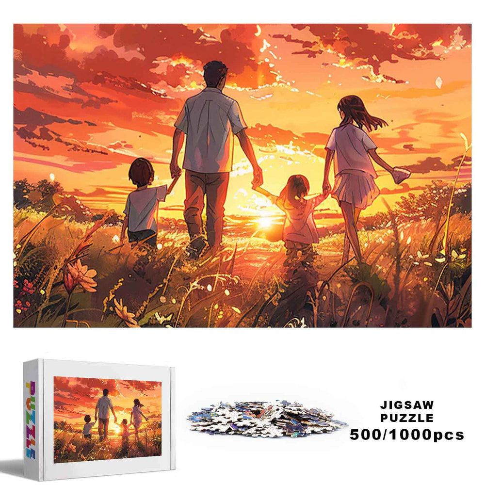 Towards the Sun 500/1000 piece jigsaw puzzle featuring a sunset scene with a family, designed for focused and engaging play.
