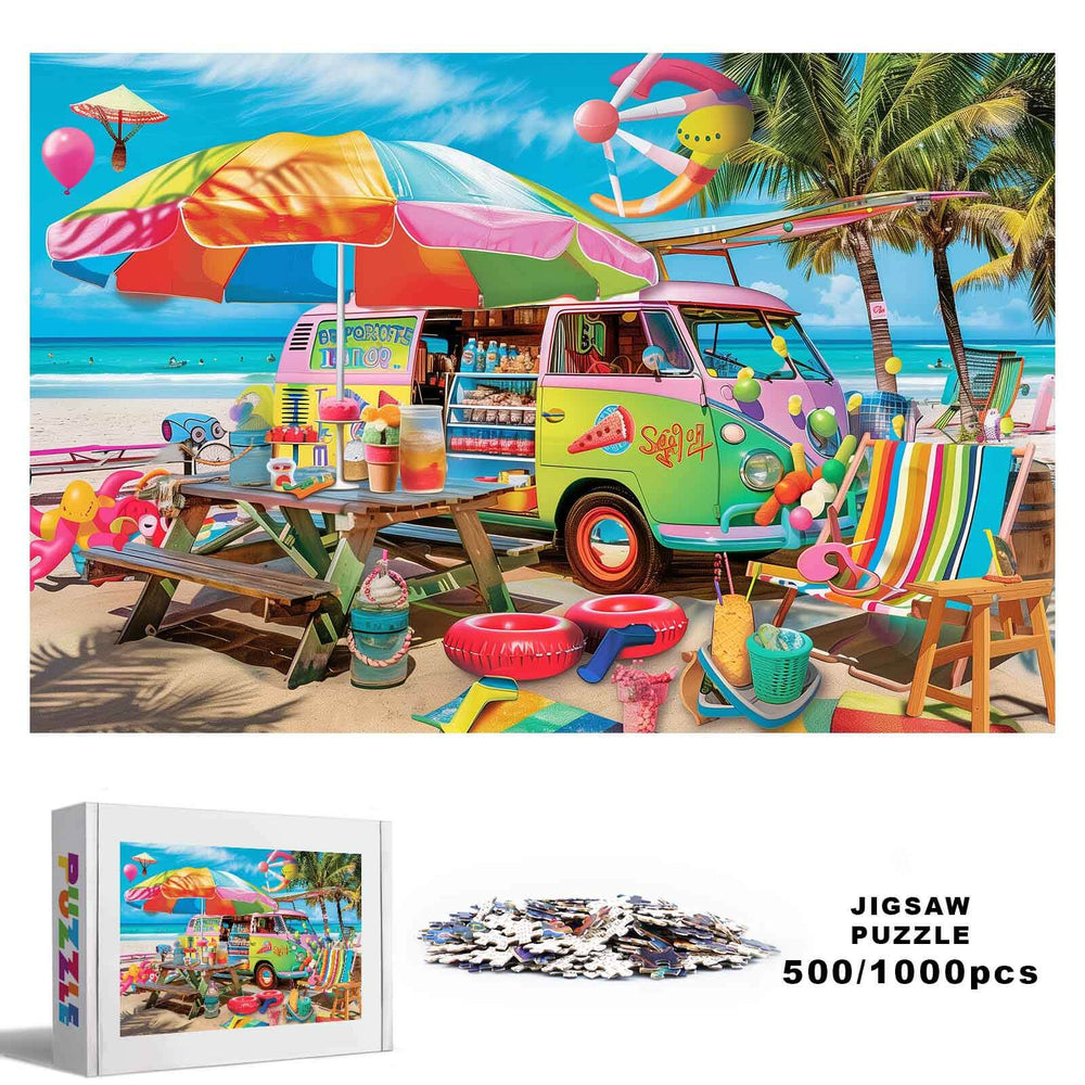 Vibrant beach food truck jigsaw puzzle, 500/1000 pieces, promoting focus and problem-solving skills.