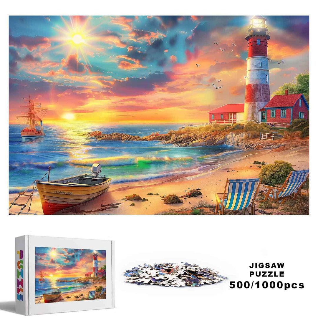 Morning Light jigsaw puzzle, 500/1000 pieces, featuring a coastal lighthouse scenery and vibrant sunset.