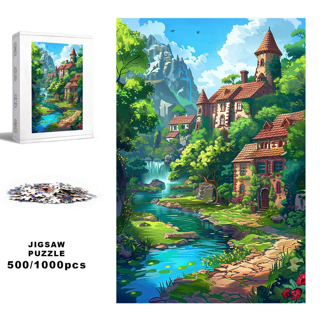 Beautiful Countryside 500/1000 piece jigsaw puzzle showcasing a scenic stream and charming cottages.