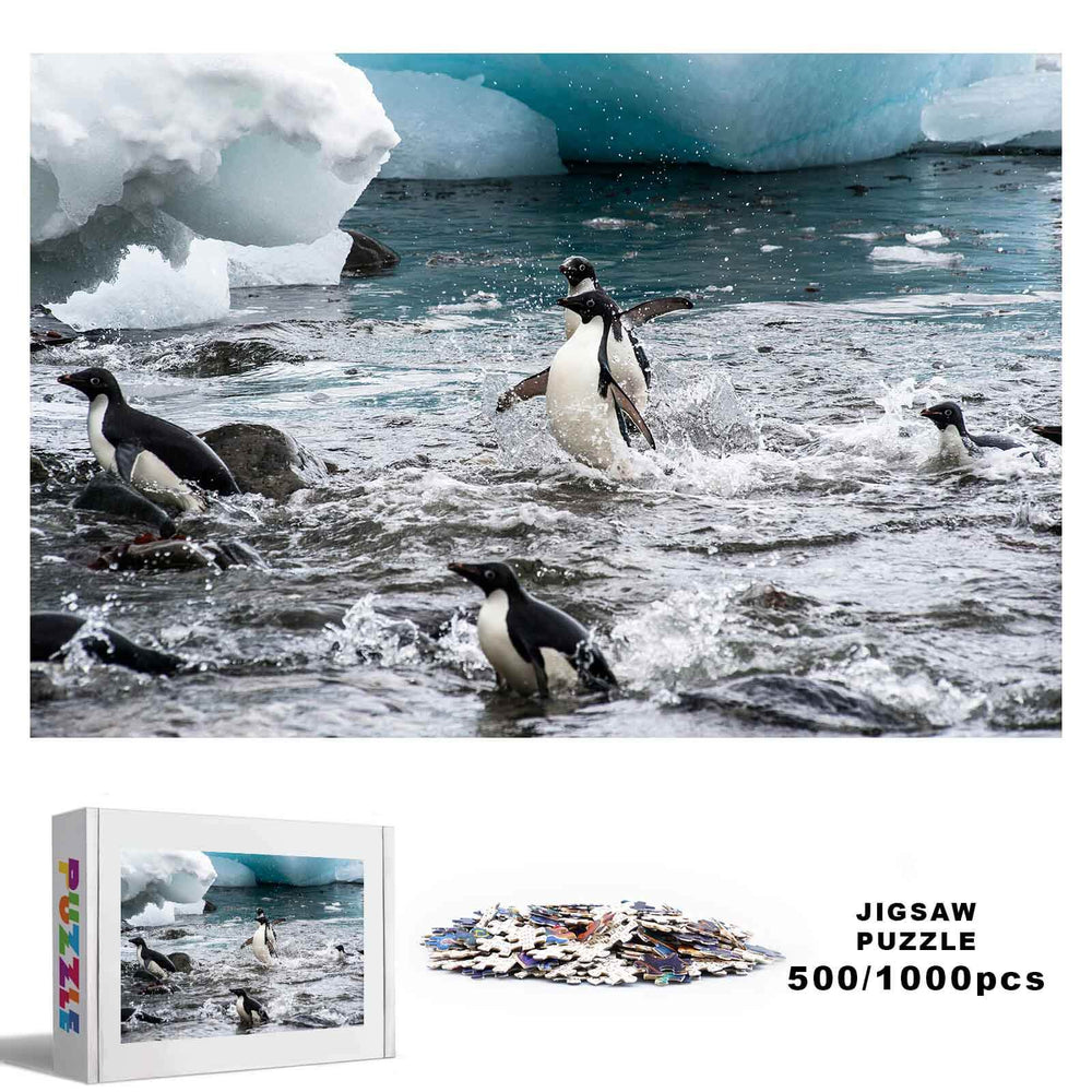 Happy Penguins jigsaw puzzle with 500/1000 pieces, featuring penguins in icy waters, promoting focus and critical thinking.