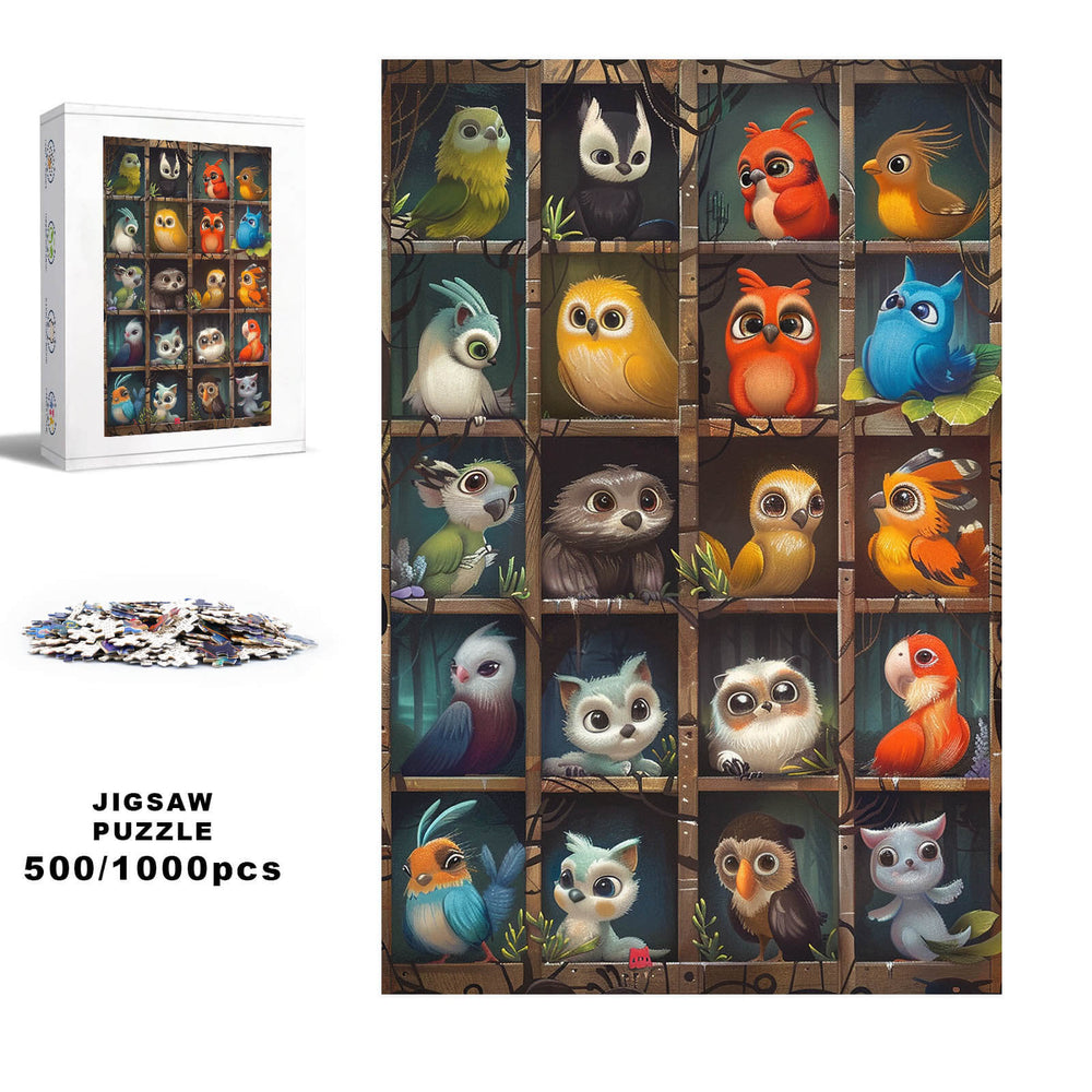 Cute Birds 500/1000 piece puzzle featuring colorful owls and songbirds, perfect for mind-enhancing jigsaw solving.