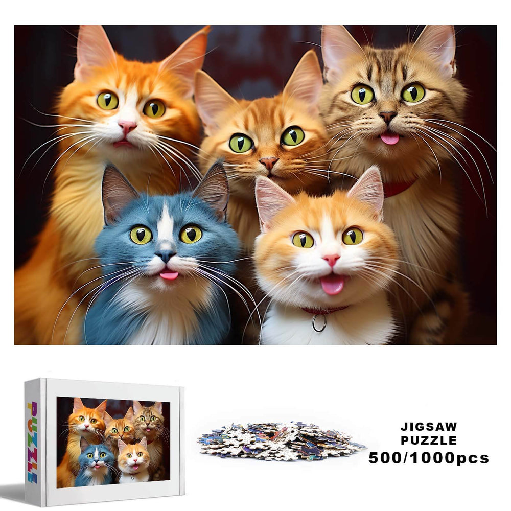 Colorful Kitties 500/1000 Piece Jigsaw Puzzle with playful cats and box, perfect for puzzle lovers.