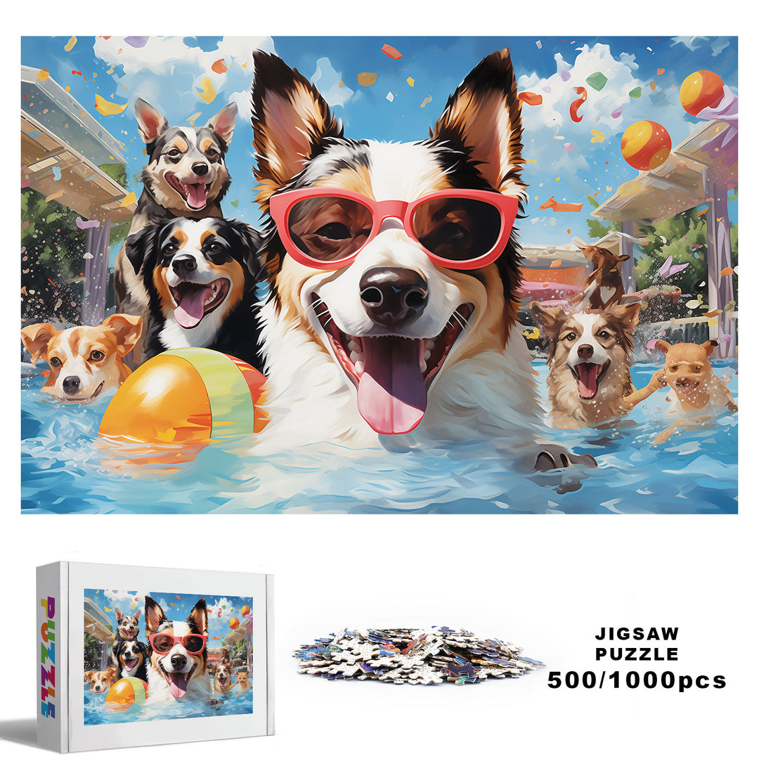 Puppy Pool 500/1000 Piece Puzzle featuring playful dogs in sunglasses at a pool, ideal for puzzle enthusiasts.