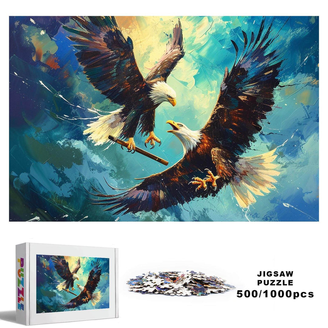 Freedom Eagle jigsaw puzzle featuring two majestic eagles, designed for 500/1000 piece enthusiasts.