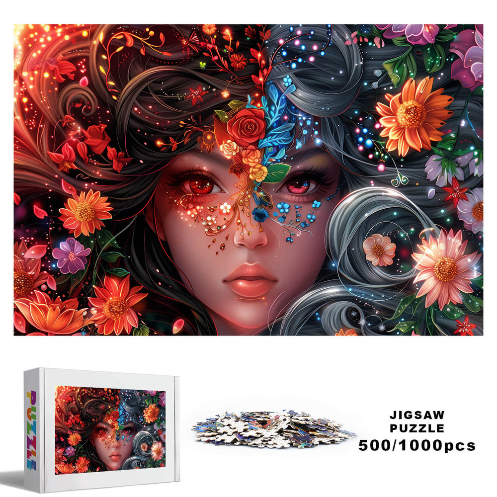 Yin Yang Girl 500/1000 piece jigsaw puzzle featuring vibrant floral design and an artistic face illustration.