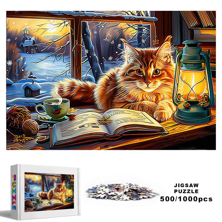 Cozy winter scene featuring a cat by a lantern, highlighting the Winter Warmth 500/1000 piece jigsaw puzzle.