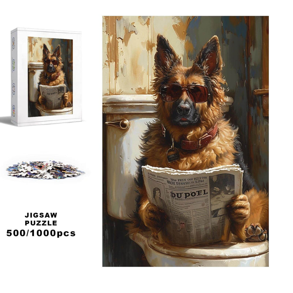 Handsome German Shepherd jigsaw puzzle featuring a dog reading a newspaper, ideal for puzzle lovers.