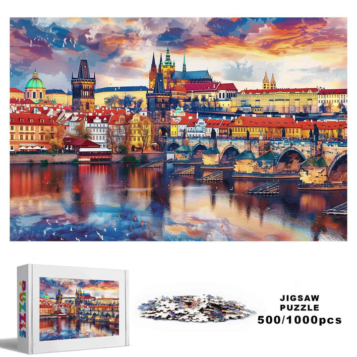 Sunset City Scenery 500/1000 piece jigsaw puzzle featuring vibrant architecture and a beautiful waterfront view.