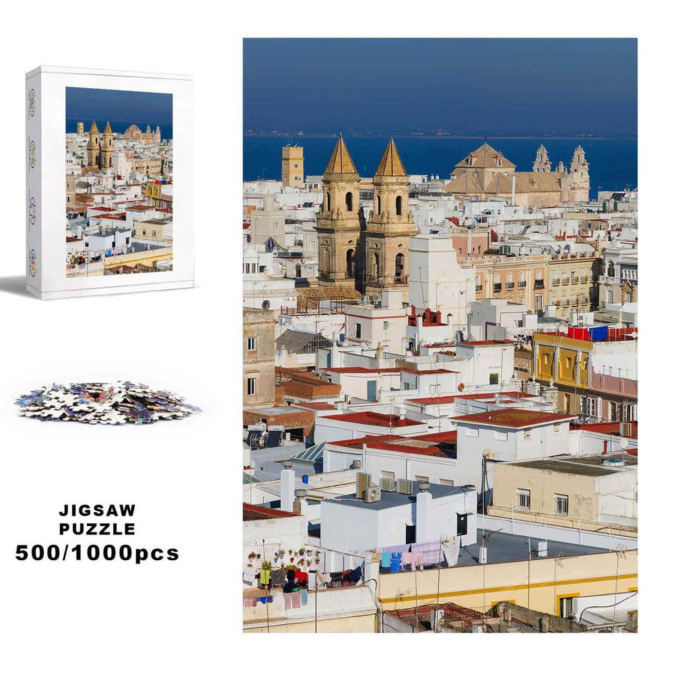 Exotic Town 500/1000 piece jigsaw puzzle showcasing a vibrant cityscape, perfect for puzzle enthusiasts and mind games.