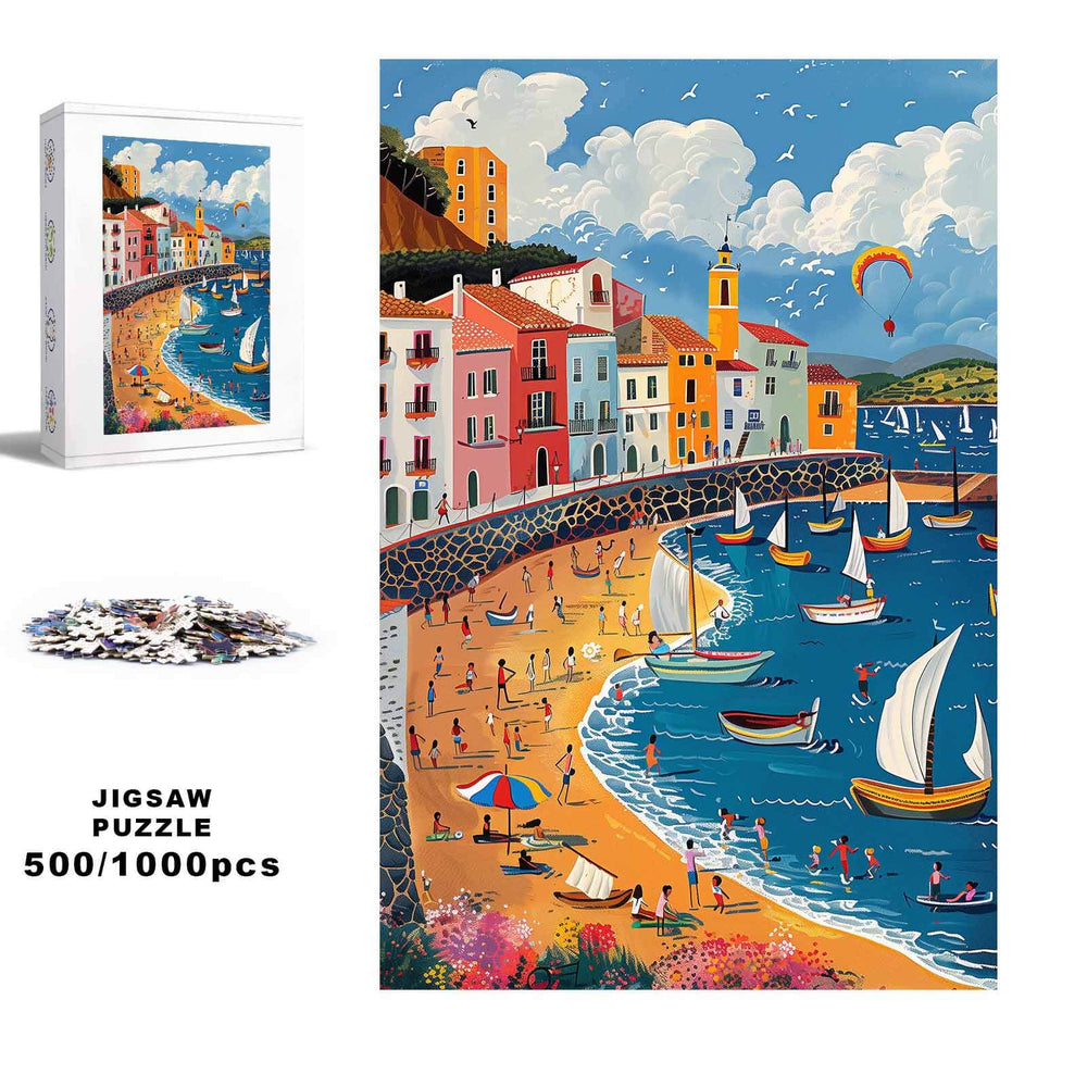 Colorful City Beach jigsaw puzzle featuring a vibrant seaside scene, ideal for 500 or 1000 piece puzzle enthusiasts.