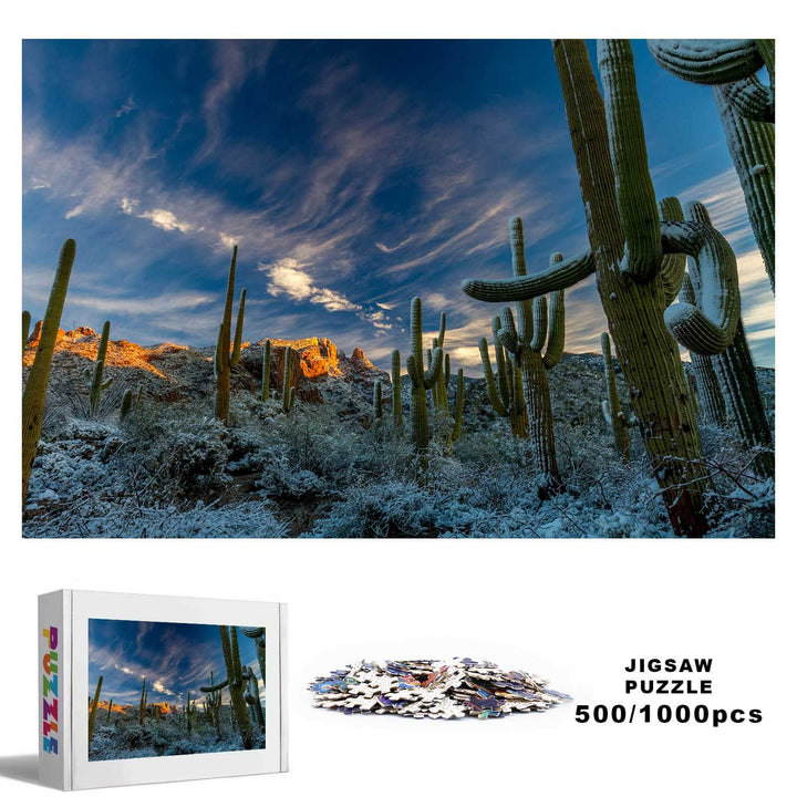 Snowy Desert 500/1000 Piece Puzzle featuring a stunning cactus landscape under a clear sky, perfect for jigsaw puzzle enthusiasts.