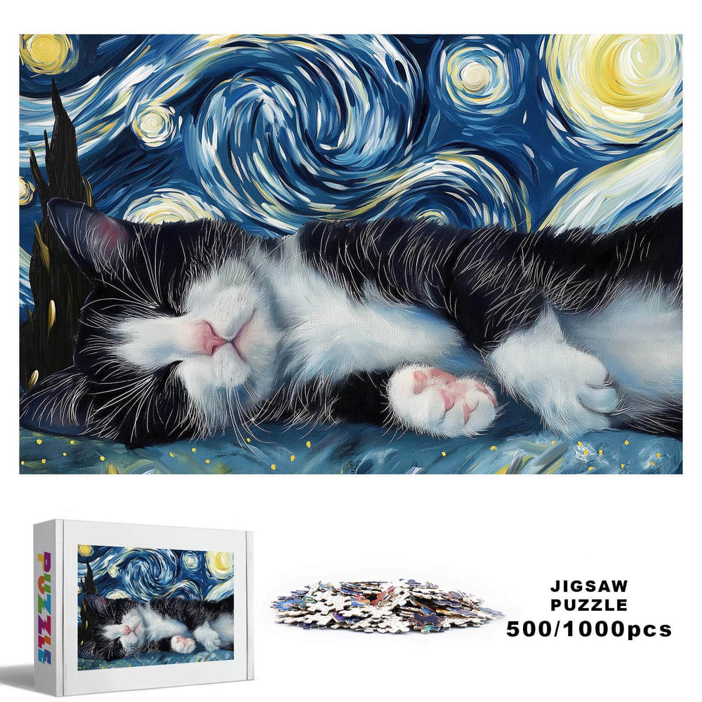 Sleeping Cat 500/1000 piece jigsaw puzzle featuring a cozy cat against a starry night background.