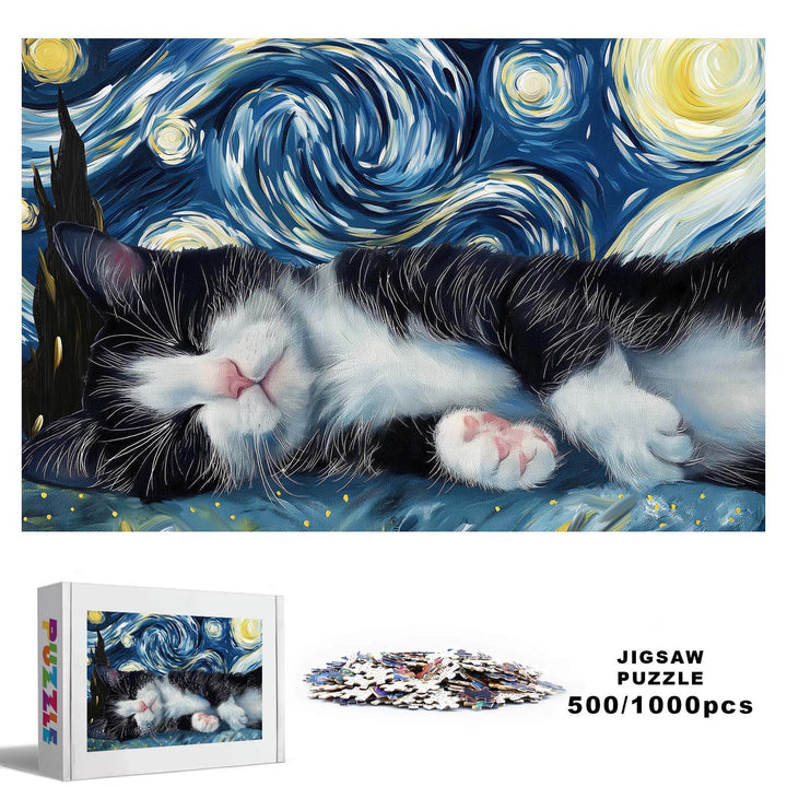 Sleeping Cat 500/1000 piece jigsaw puzzle featuring a cozy cat against a starry night background.