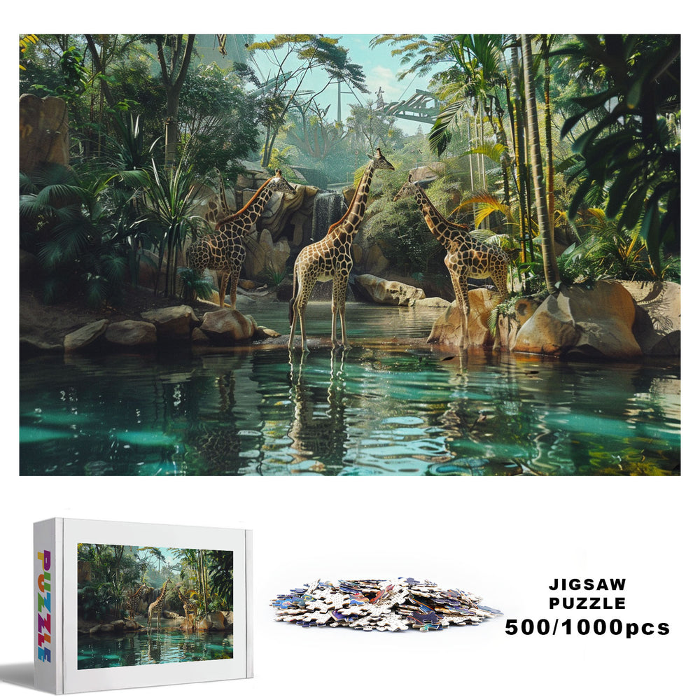 Forest Giraffes 500/1000 piece puzzle, featuring serene giraffes in a lush jungle setting, ideal for mind games.