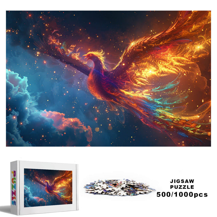Phoenix Nirvana 500/1000 piece jigsaw puzzle featuring a vibrant phoenix against a cosmic backdrop.