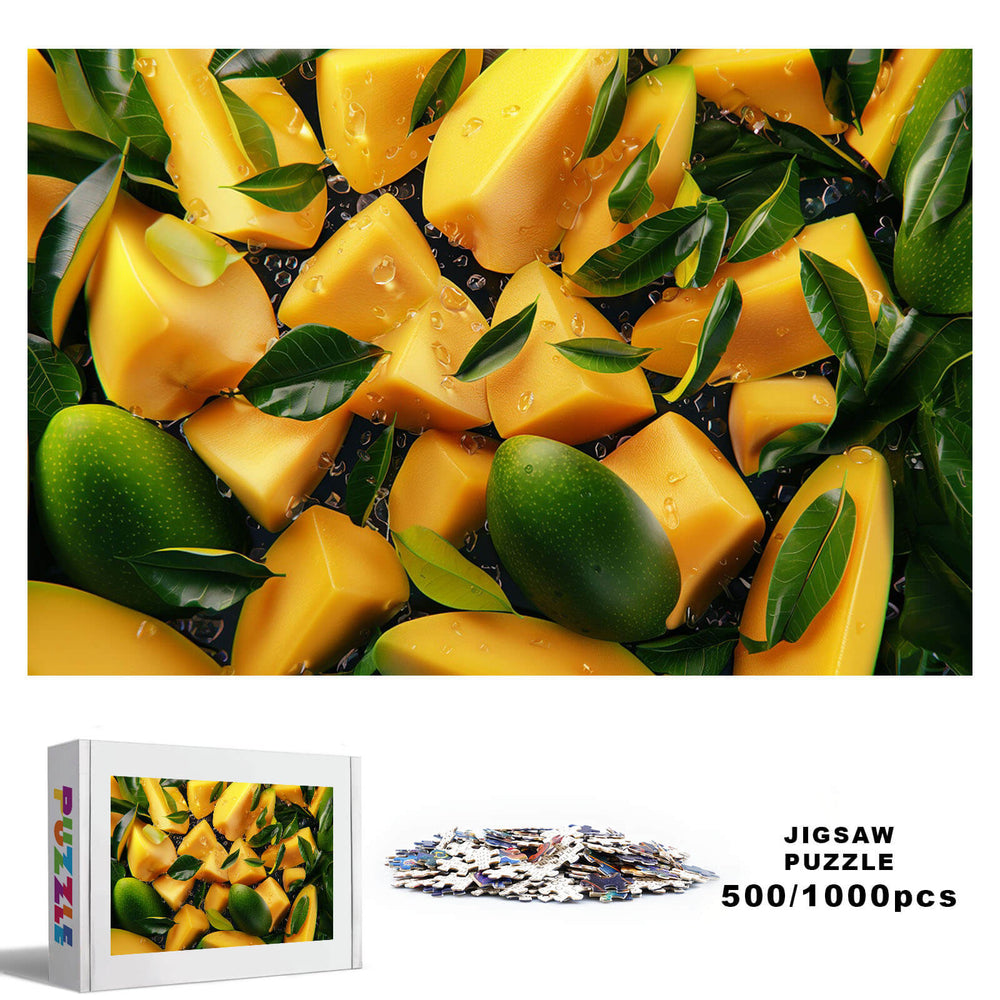 Fresh Mango jigsaw puzzle featuring vibrant mango pieces and leaves, available in 500 or 1000 pieces for brain challenges.