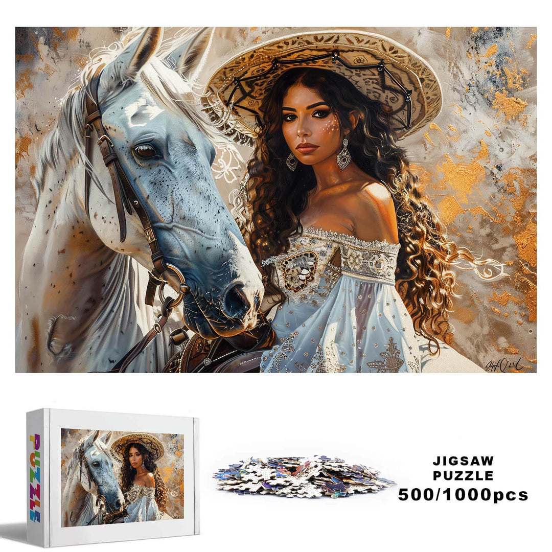 White Horse and Princess 500/1000 piece jigsaw puzzle featuring a beautiful princess and a majestic white horse.
