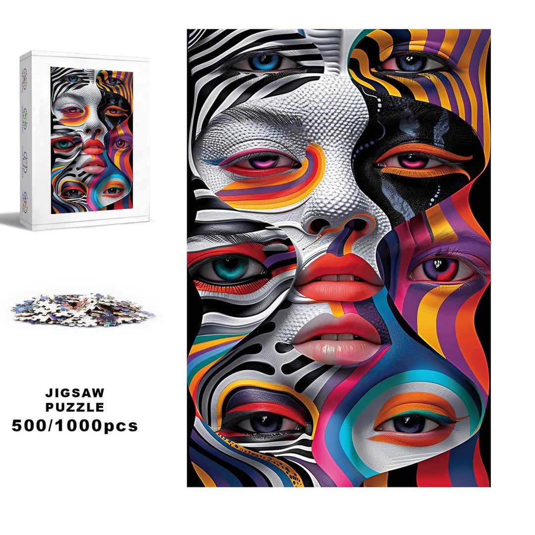 Psychedelic Splicing 500/1000 piece jigsaw puzzle showcasing vibrant colors and abstract faces for engaging brain games.