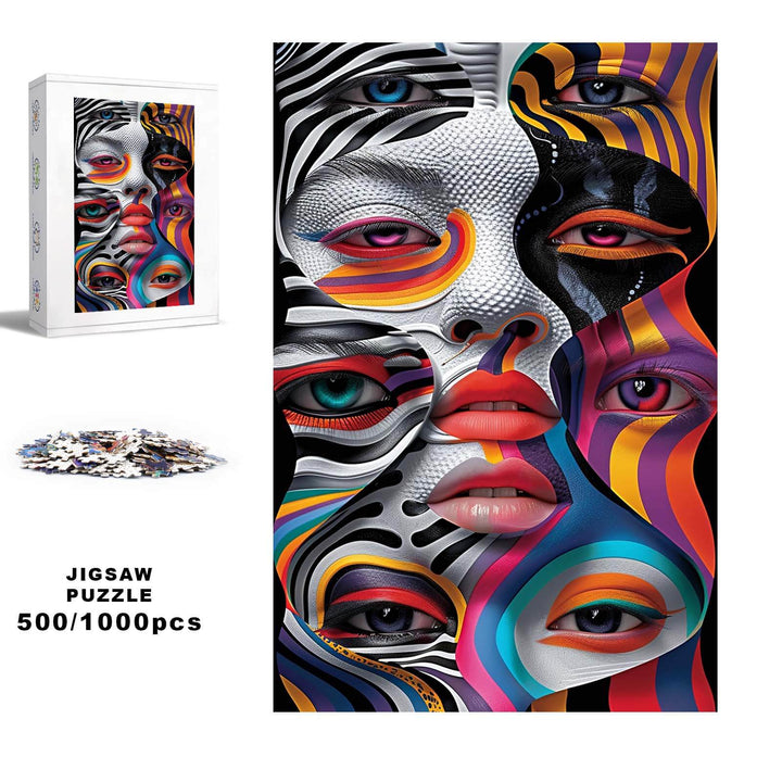 Psychedelic Splicing 500/1000 piece jigsaw puzzle showcasing vibrant colors and abstract faces for engaging brain games.