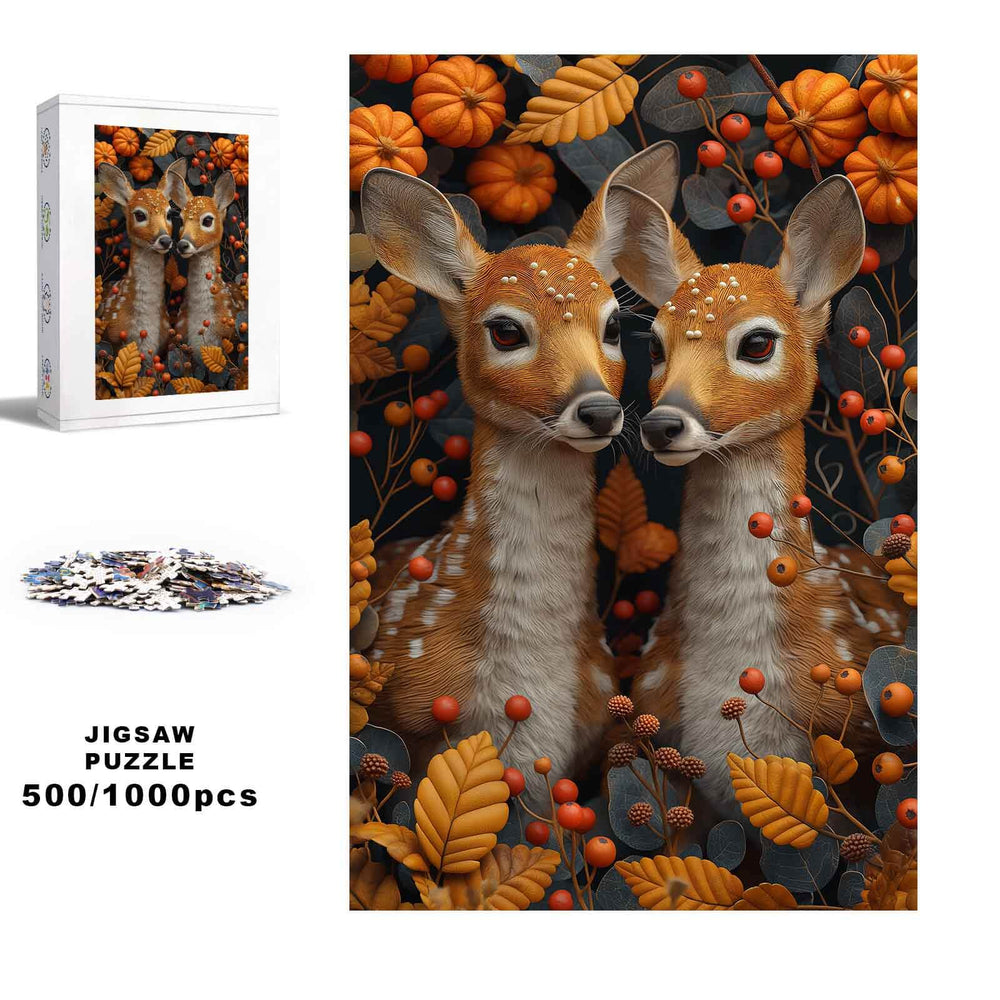 Twin fawns jigsaw puzzle, 500/1000 pieces, featuring autumn leaves and pumpkins for mind games.