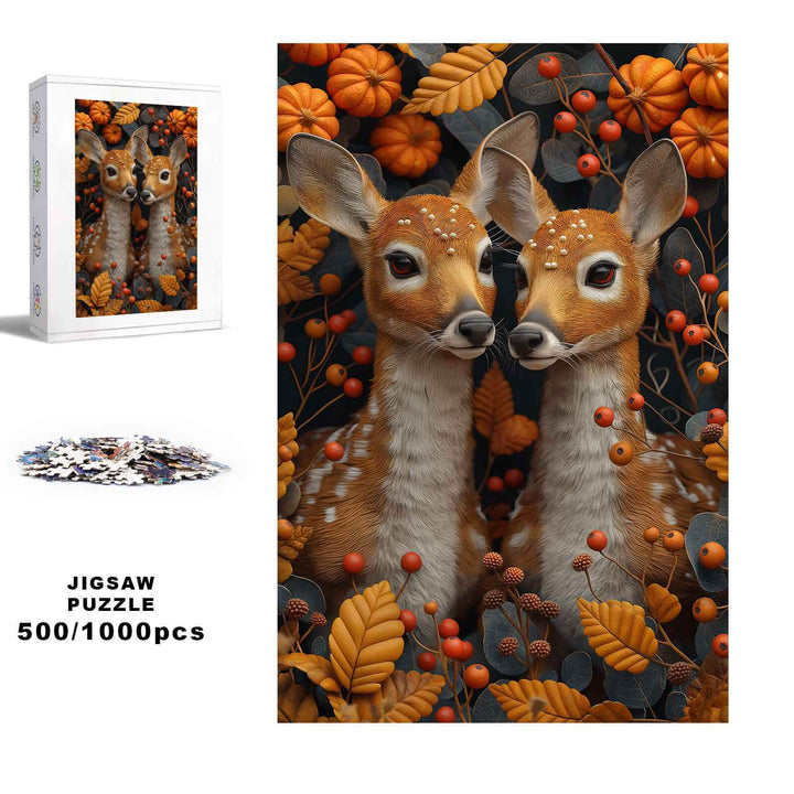 Twin fawns jigsaw puzzle, 500/1000 pieces, featuring autumn leaves and pumpkins for mind games.