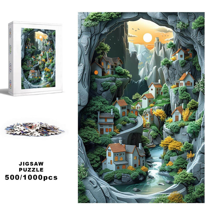 Paradise 500/1000 Piece Puzzle depicting a scenic landscape with houses and greenery, perfect for jigsaw puzzle enthusiasts.