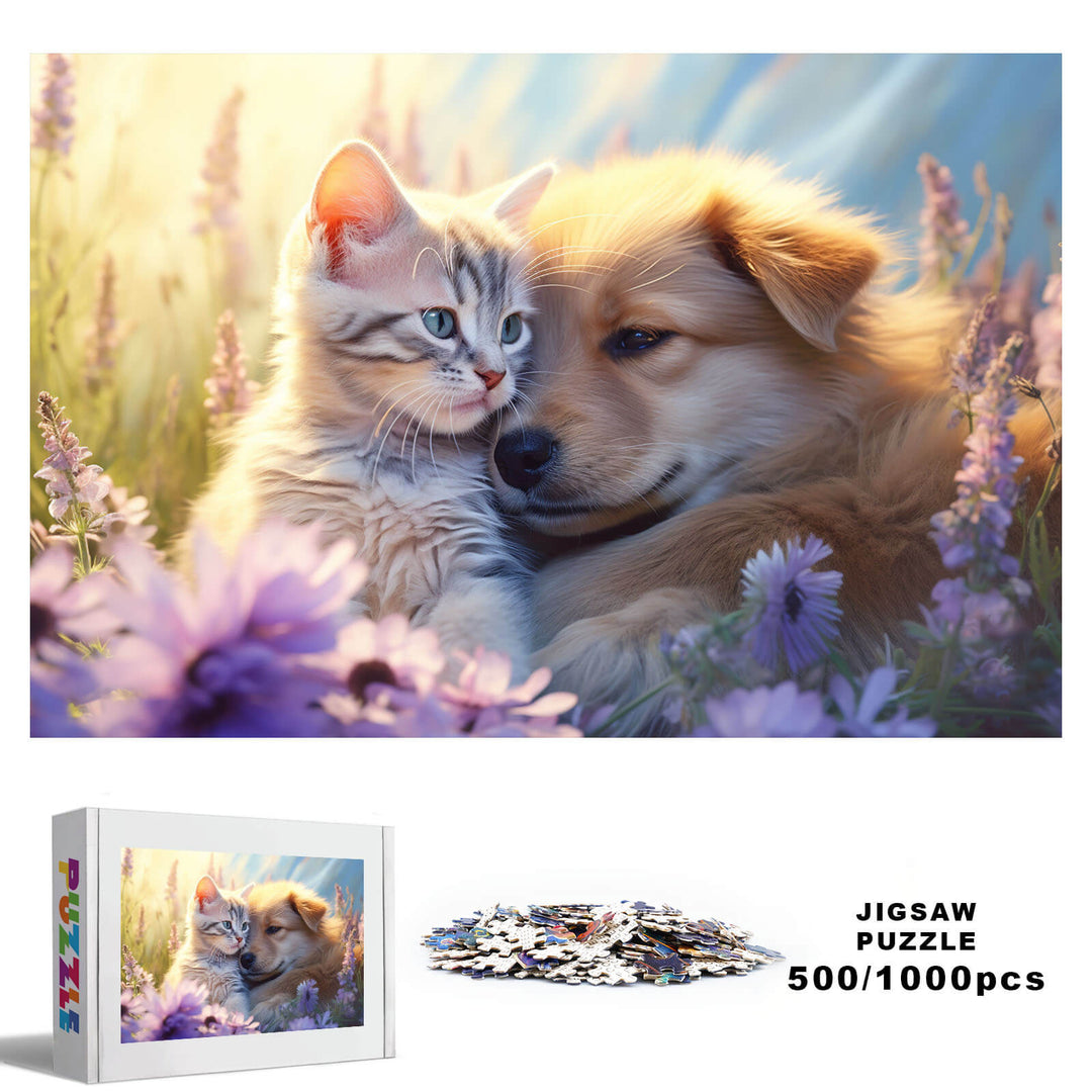 Childhood Sweethearts puzzle featuring a cat and dog in a flower field, perfect for mind games and focus.