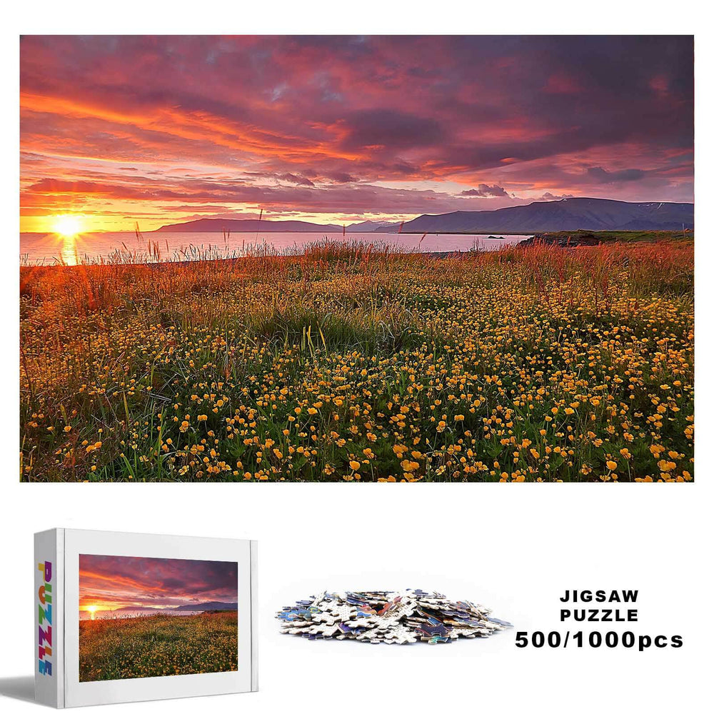 Lakeside Sunset 500/1000 piece jigsaw puzzle showcasing a vibrant sunset over a flower-filled landscape.