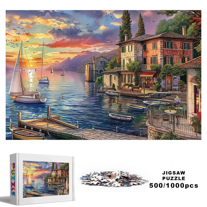 Golden Twilight Haven jigsaw puzzle featuring a serene sunset marina scene with boats and colorful buildings.