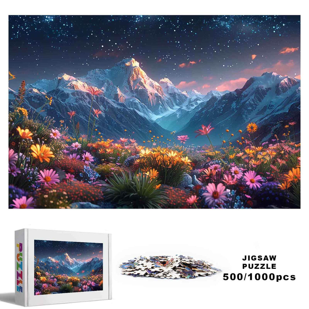 Starry Sky Garden 500/1000 piece jigsaw puzzle with vibrant flowers and mountains under a starry sky.