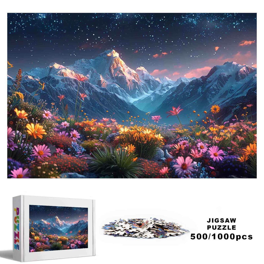 Starry Sky Garden 500/1000 piece jigsaw puzzle with vibrant flowers and mountains under a starry sky.