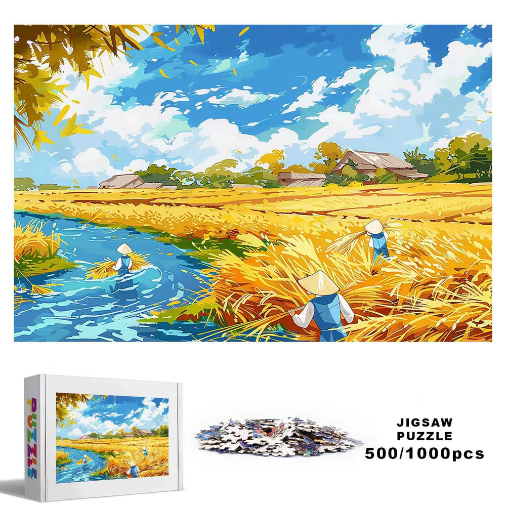 Pastoral Autumn 500/1000 piece jigsaw puzzle featuring vibrant, serene landscape with farmers in a golden field.