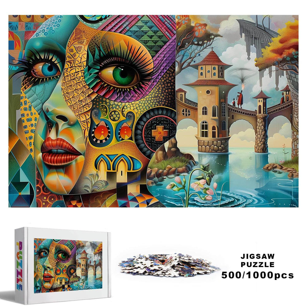 Fantasy Land 500/1000 Piece Puzzle with vibrant artwork featuring a woman's face and serene landscape.
