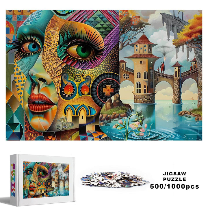 Fantasy Land 500/1000 Piece Puzzle with vibrant artwork featuring a woman's face and serene landscape.