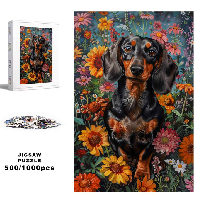 Dachshund surrounded by colorful flowers in a 500/1000 piece jigsaw puzzle for mind games and focus.