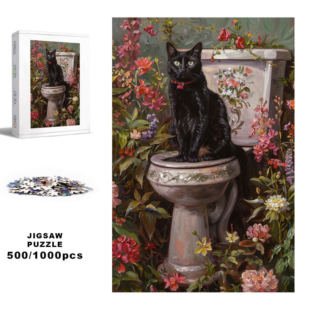 Elegant Black Cat 500/1000 piece jigsaw puzzle displayed with floral background and puzzle pieces.