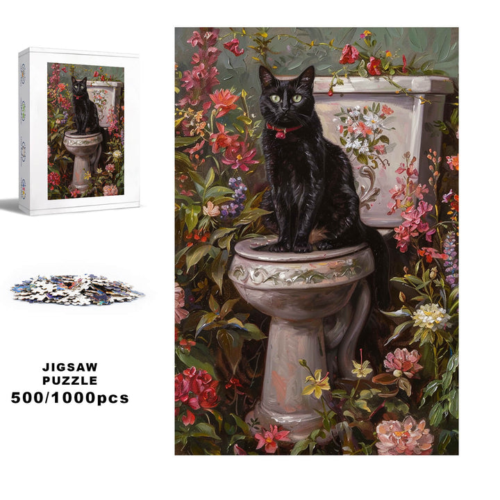 Elegant Black Cat 500/1000 piece jigsaw puzzle displayed with floral background and puzzle pieces.