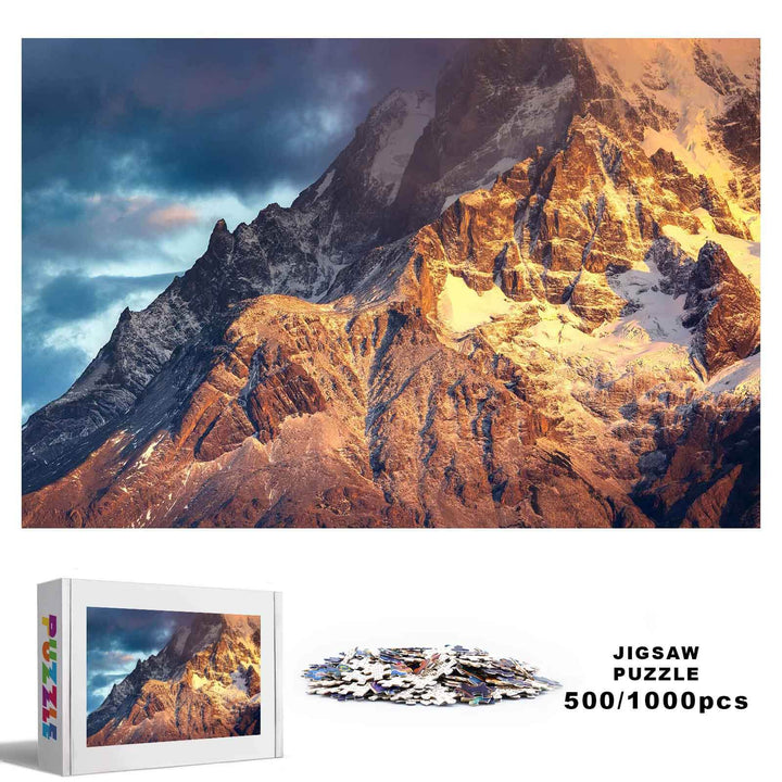Snow Mountain of Sunrise 500/1000 piece jigsaw puzzle, showcasing stunning mountain scenery for mind games and focus.