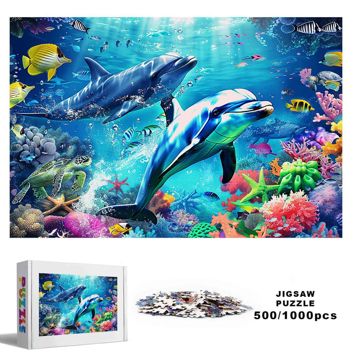 Colorful Undersea Paradise puzzle with dolphins and vibrant coral, 500/1000 pieces for focused puzzle enthusiasts.