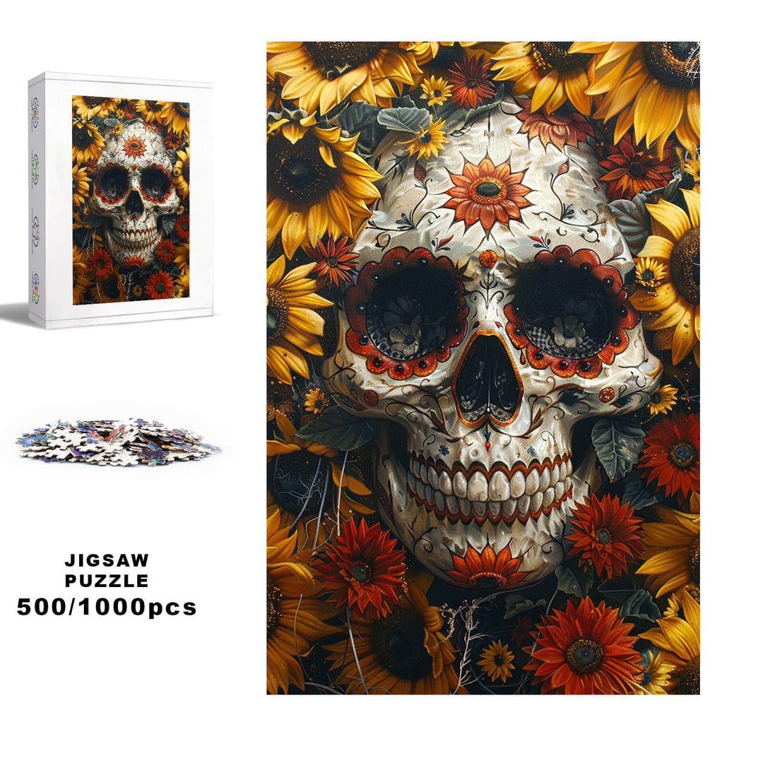 Halloween Skull jigsaw puzzle with sunflowers, 500/1000 pieces, perfect for mind games and enhancing focus.
