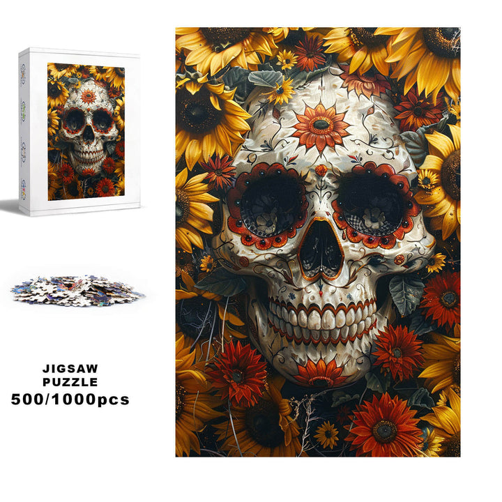Halloween Skull jigsaw puzzle with sunflowers, 500/1000 pieces, perfect for mind games and enhancing focus.