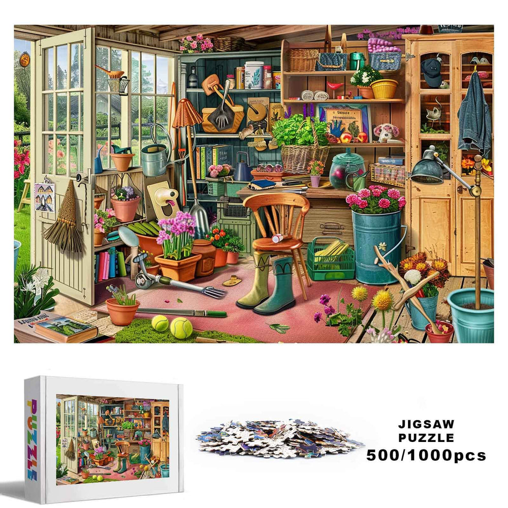 Messy Warehouse 500/1000 piece jigsaw puzzle showcasing a cluttered garden shed filled with tools and plants.