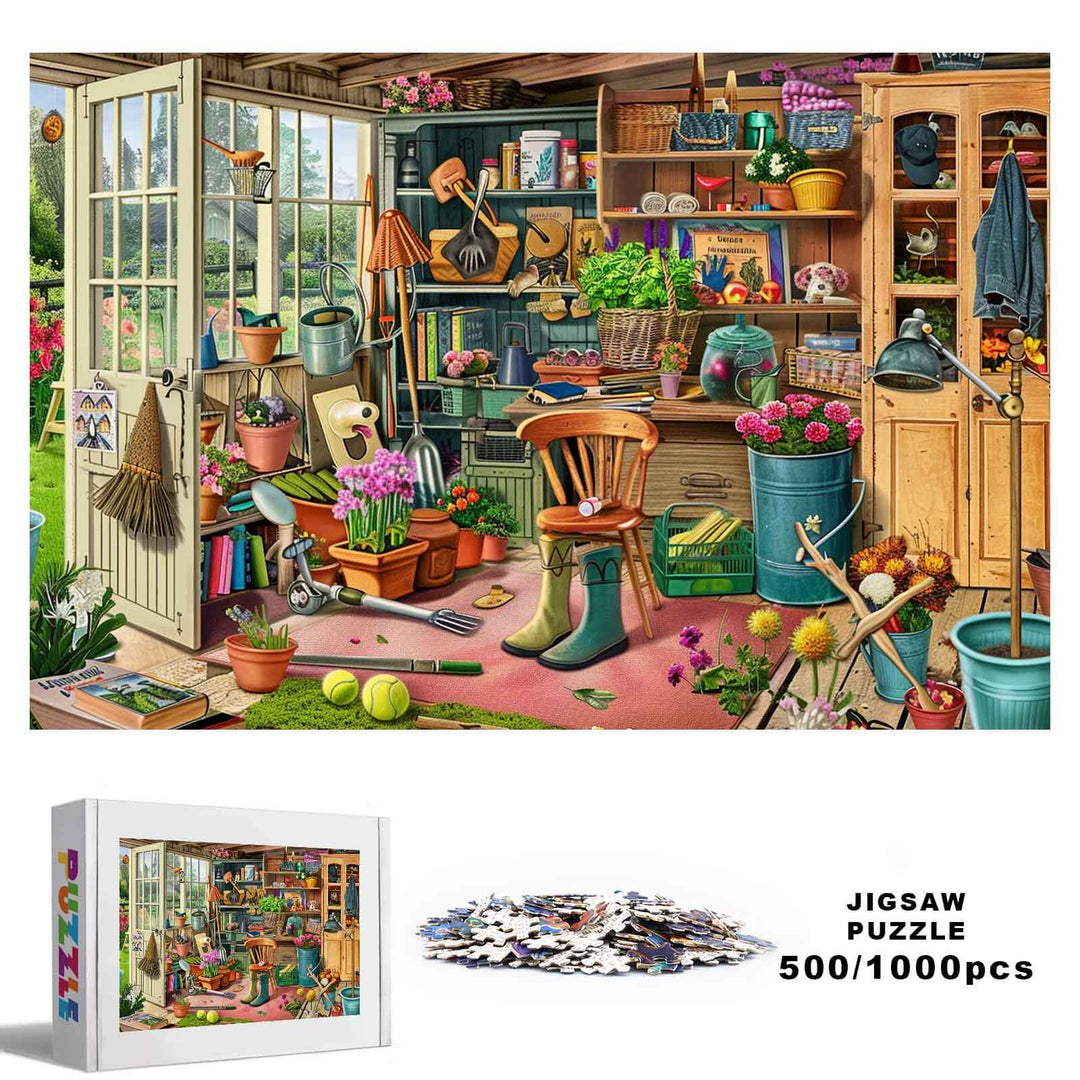Messy Warehouse 500/1000 piece jigsaw puzzle showcasing a cluttered garden shed filled with tools and plants.