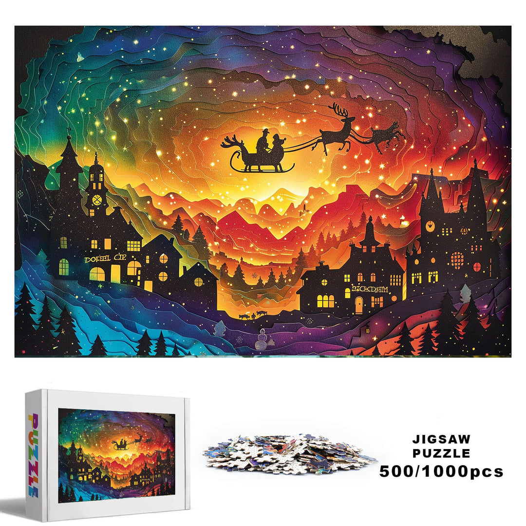 Colorful Christmas Eve puzzle with Santa, reindeer, and vibrant night sky, ideal for jigsaw puzzle lovers and mind games.