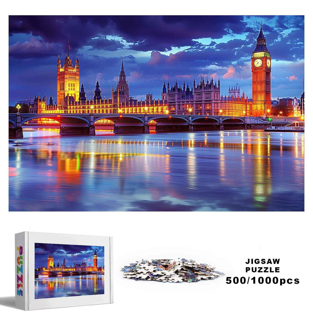 London Riverside Sunset 500/1000 piece jigsaw puzzle featuring a colorful evening skyline.