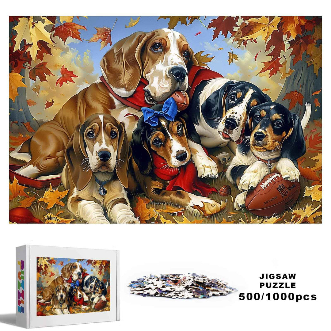 Basset Hound Family 500/1000 piece jigsaw puzzle featuring playful pups among autumn leaves.